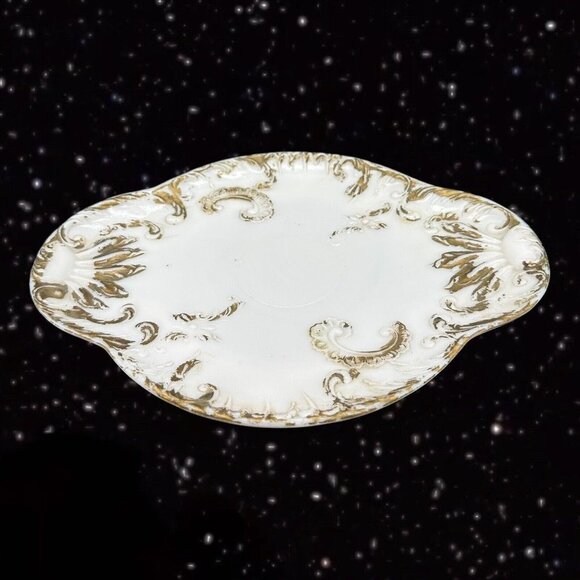 Antique White Milk Glass Dresser Vanity Tray w Painted Embossed Gold Paint Large - Picture 4 of 9